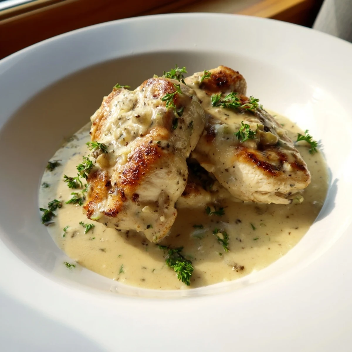 Golden-brown seared chicken breasts smothered in a creamy, garlicky Boursin sauce on a white plate.