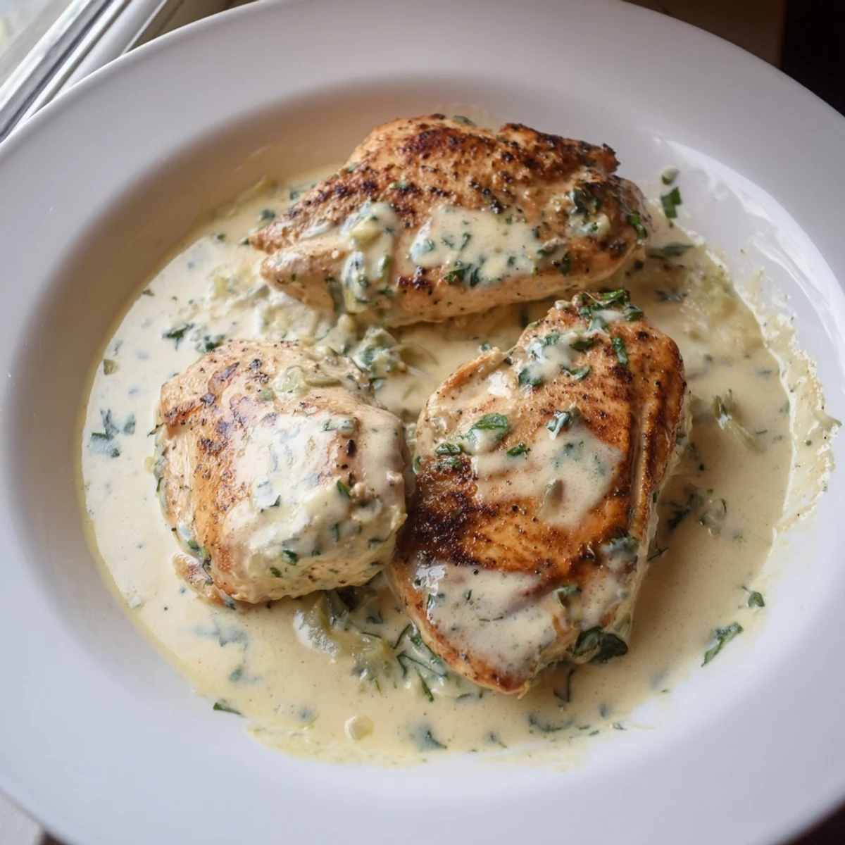 A close-up of Creamy Boursin Chicken revealing the rich, velvety texture of the cheese sauce.