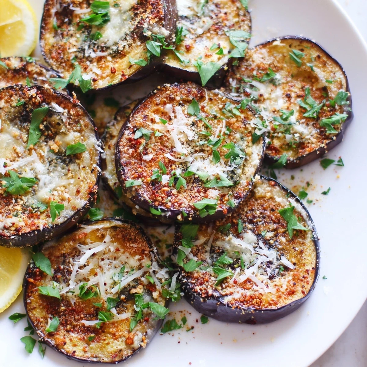 Mediterranean Roasted Eggplant & Parmesan Crisps served warm as an elegant appetizer on a marble board.