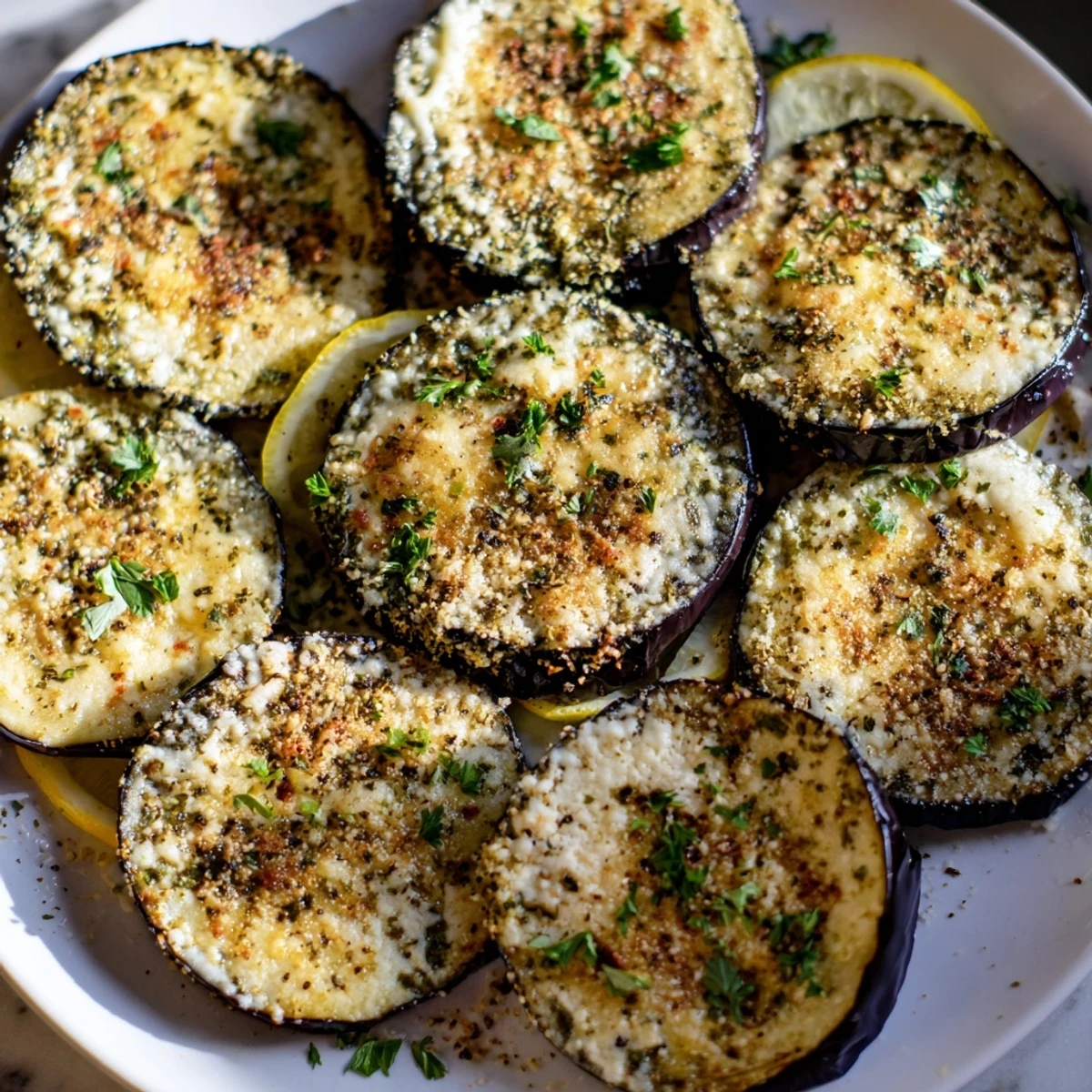 Golden roasted eggplant slices topped with savory Parmesan and herbs on a platter with lemon wedges.