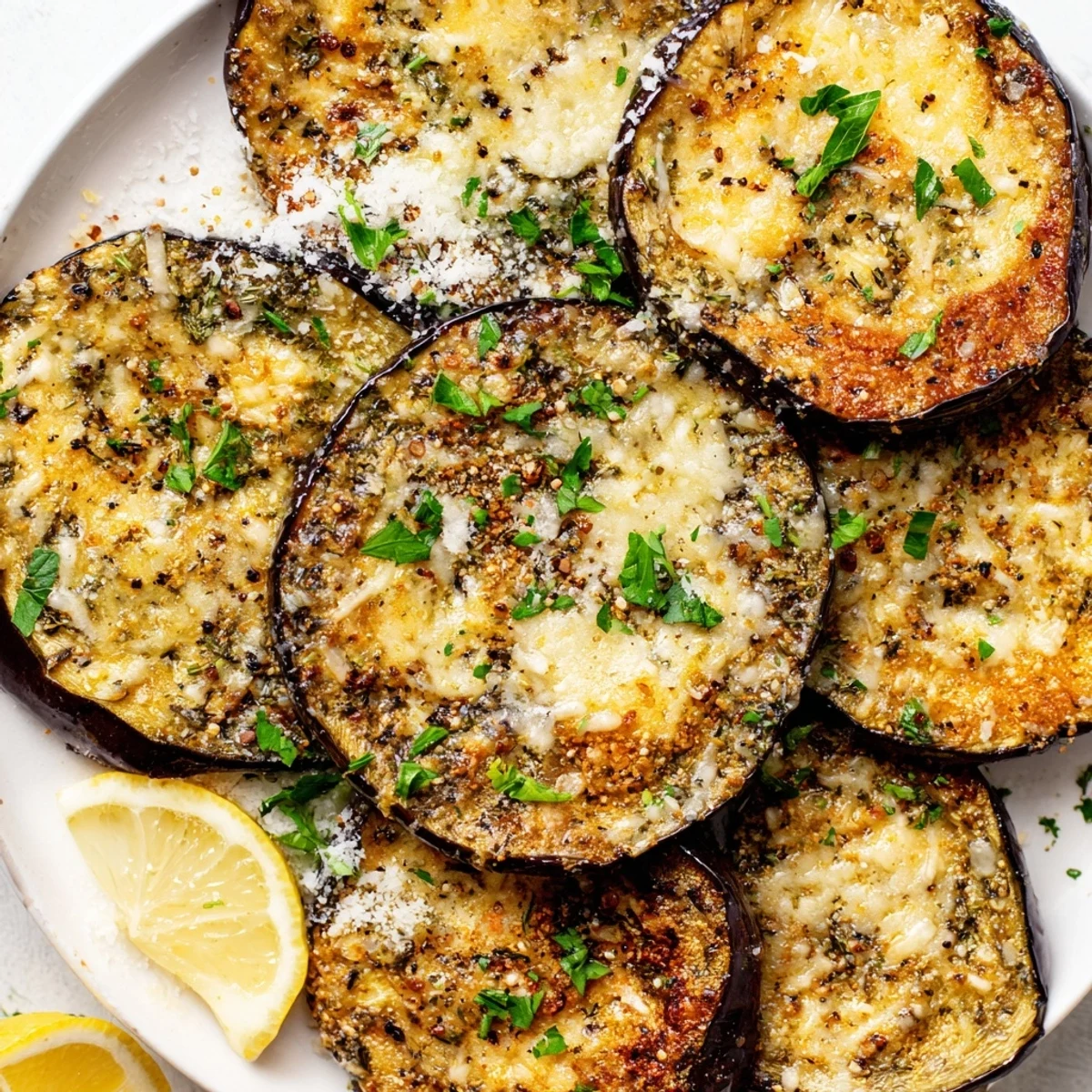 Fresh garnish of parsley and a glass of white wine accompanying Mediterranean Roasted Eggplant & Parmesan Crisps.