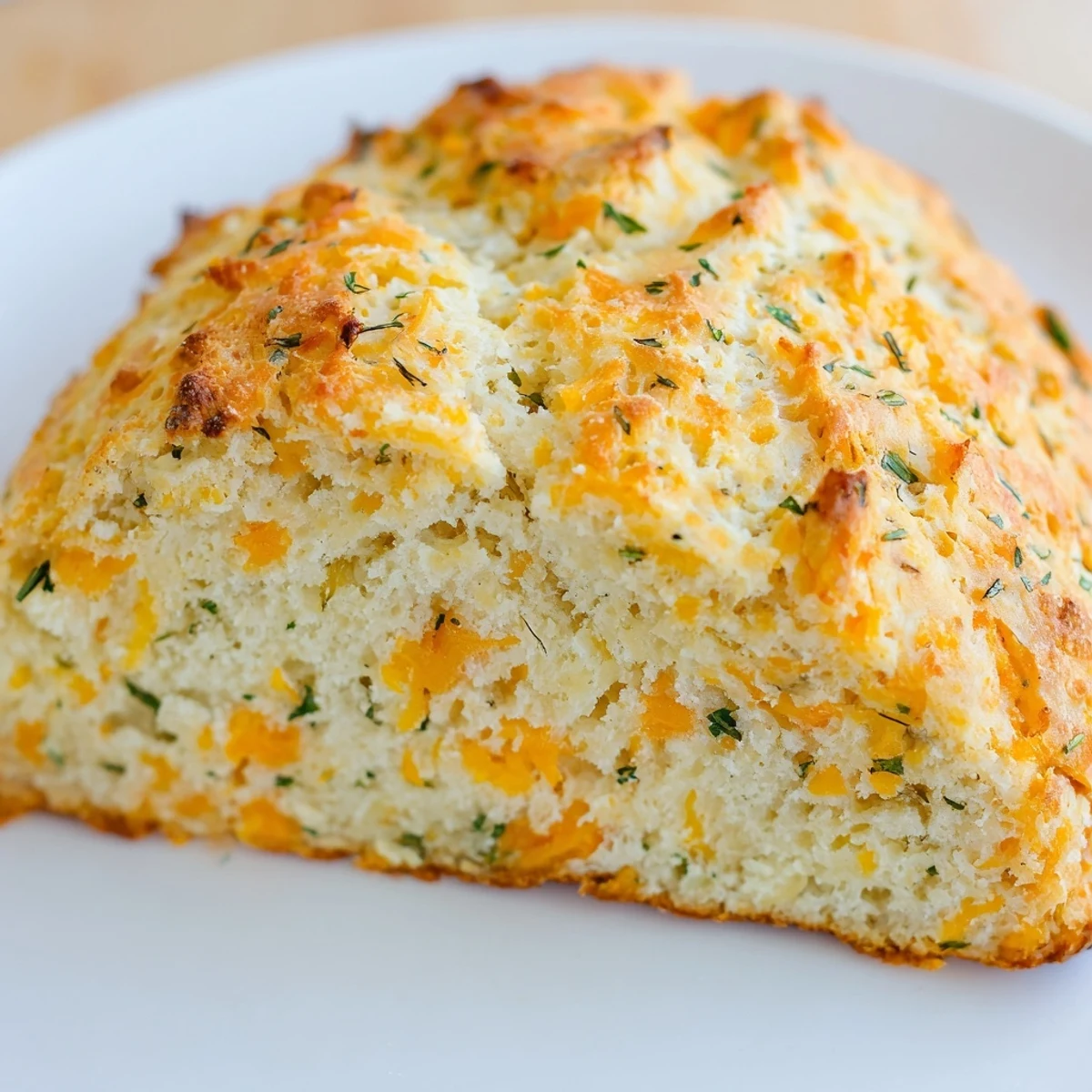 Warm Savory Herbed Cheddar Irish Soda Bread loaf rests on a checkered linen, showcasing its deep X-cut top and savory cheese flecks.