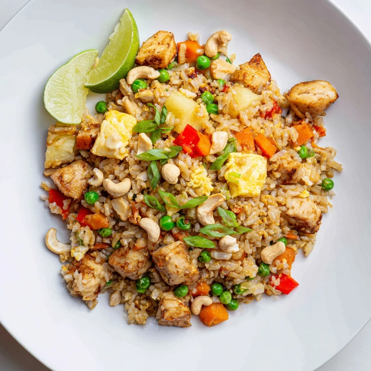 A close-up of Pineapple Chicken Fried Rice with Cashews, featuring golden rice, tender chicken chunks, vibrant bell peppers, and scattered cashews.