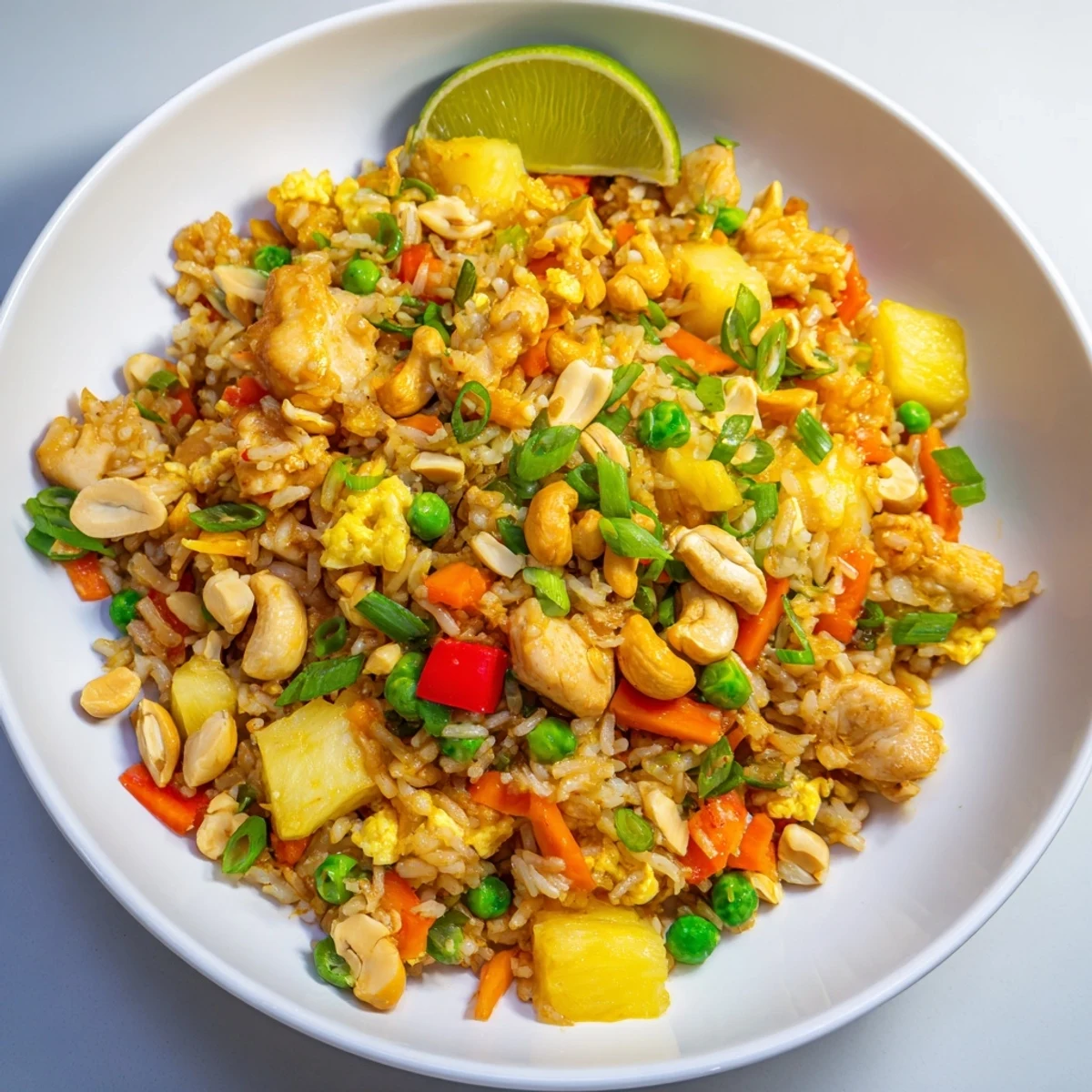 Stir-fry wok filled with steaming Pineapple Chicken Fried Rice with Cashews, showing bright pineapple pieces and fluffy jasmine rice texture.