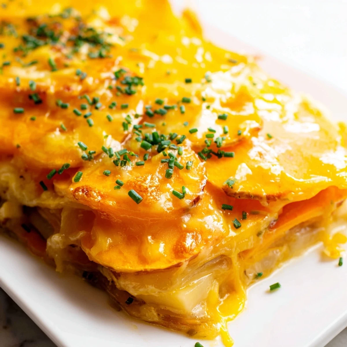 Golden, bubbly layers of Cheesy Sweet Potato Gratin with Caramelized Onions Delight in a baking dish, topped with fresh chives.