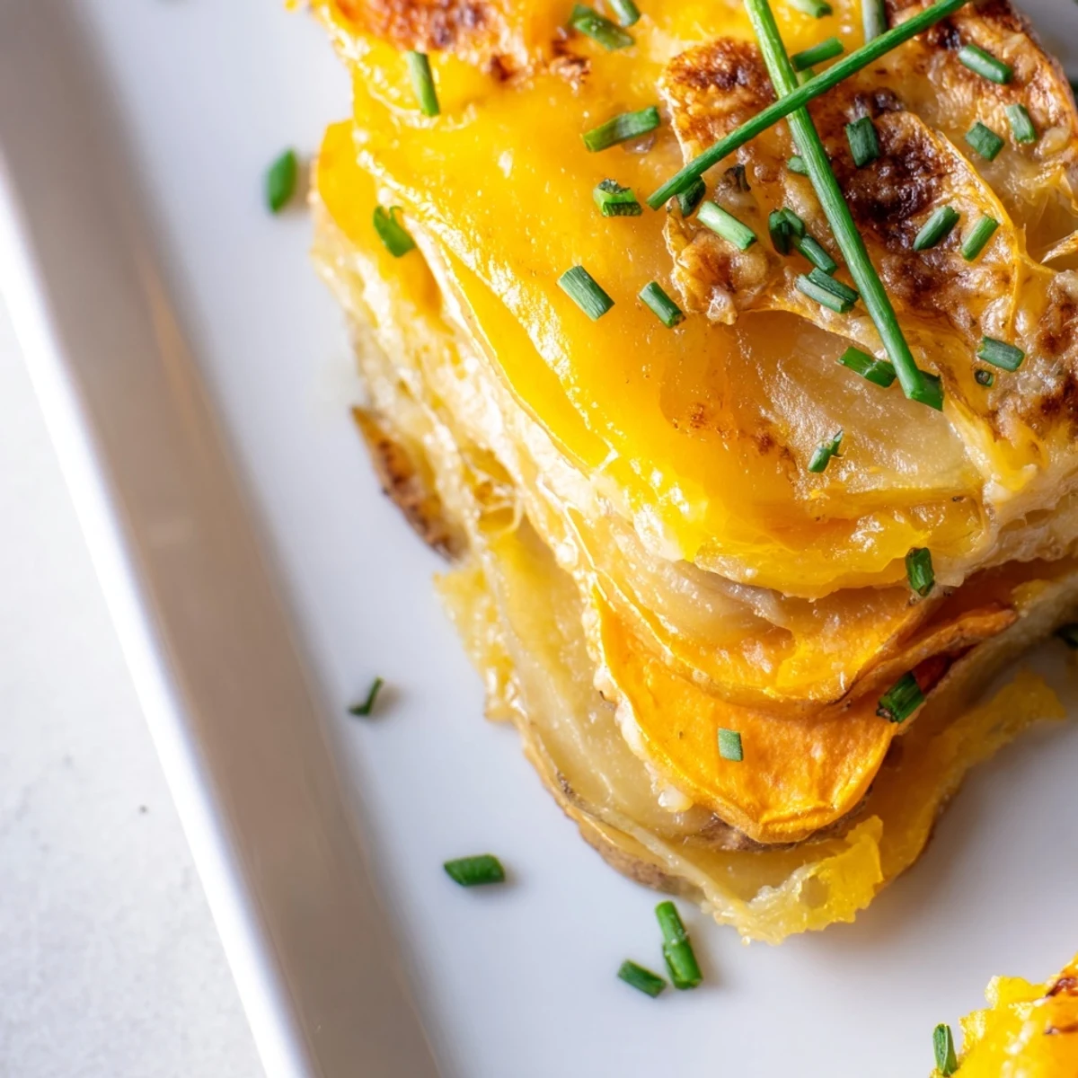 A rustic serving dish of Cheesy Sweet Potato Gratin with Caramelized Onions Delight, paired with a glass of white wine.