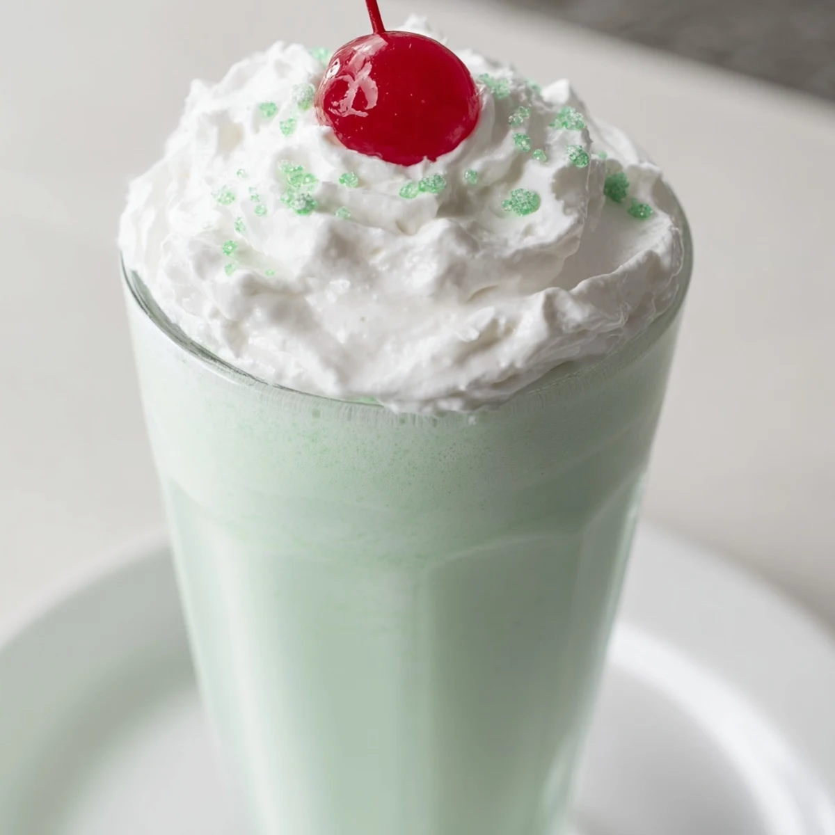 A glass of creamy green Homemade Copycat Shamrock Shake topped with whipped cream and a maraschino cherry.