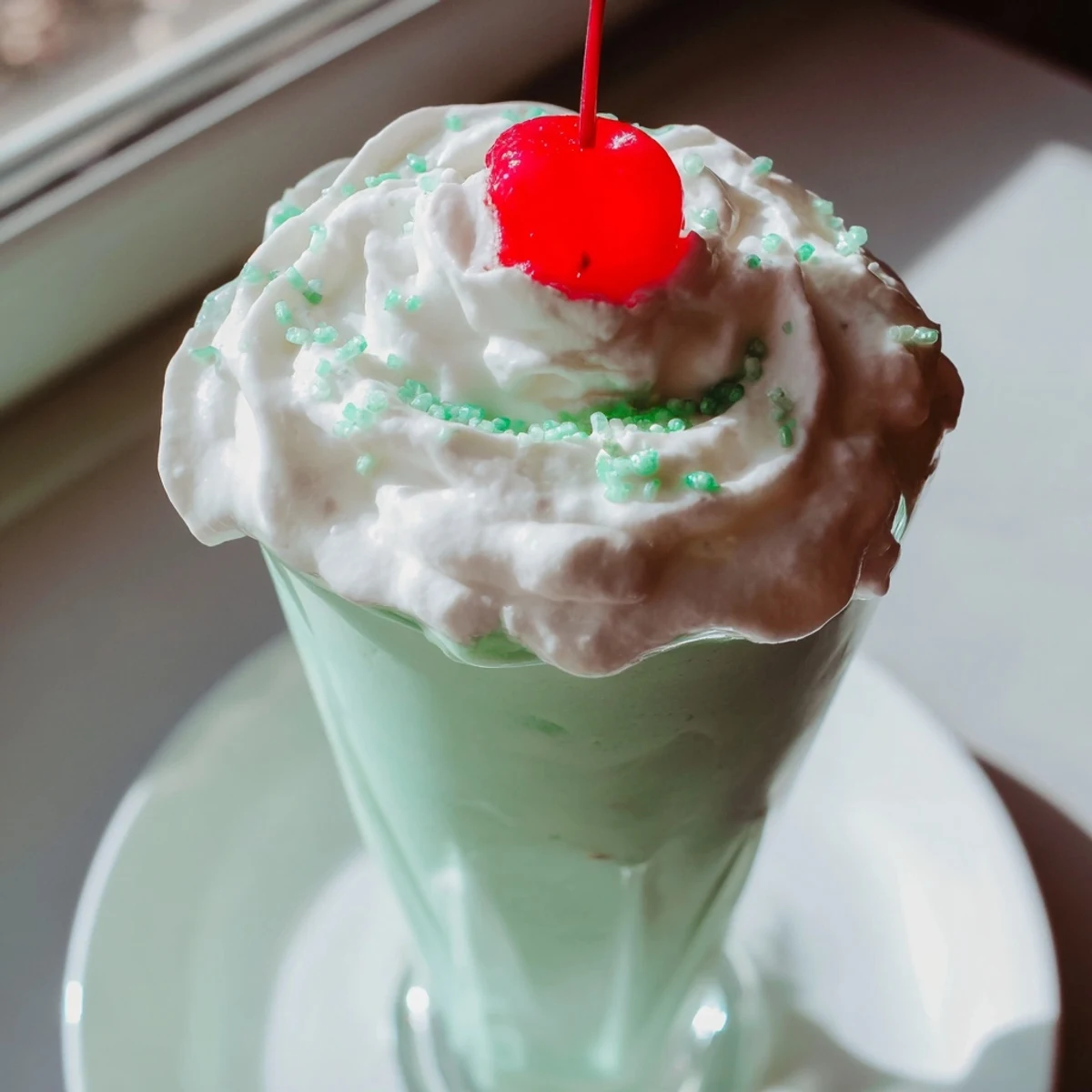 Homemade Copycat Shamrock Shake in a tall glass, garnished with green sprinkles and a cherry on top.