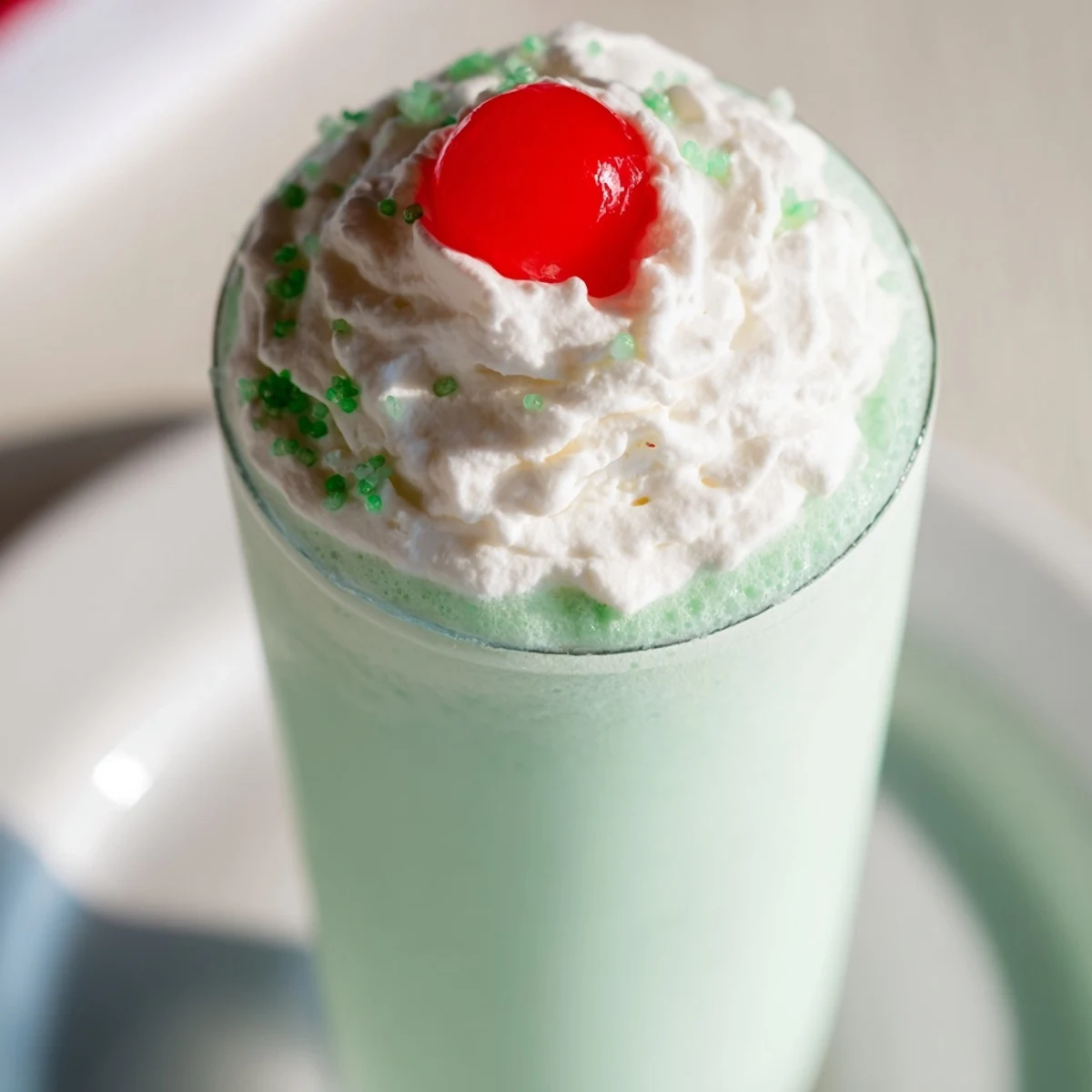 Two chilled glasses of minty Homemade Copycat Shamrock Shake with fluffy whipped cream and sweet toppings.
