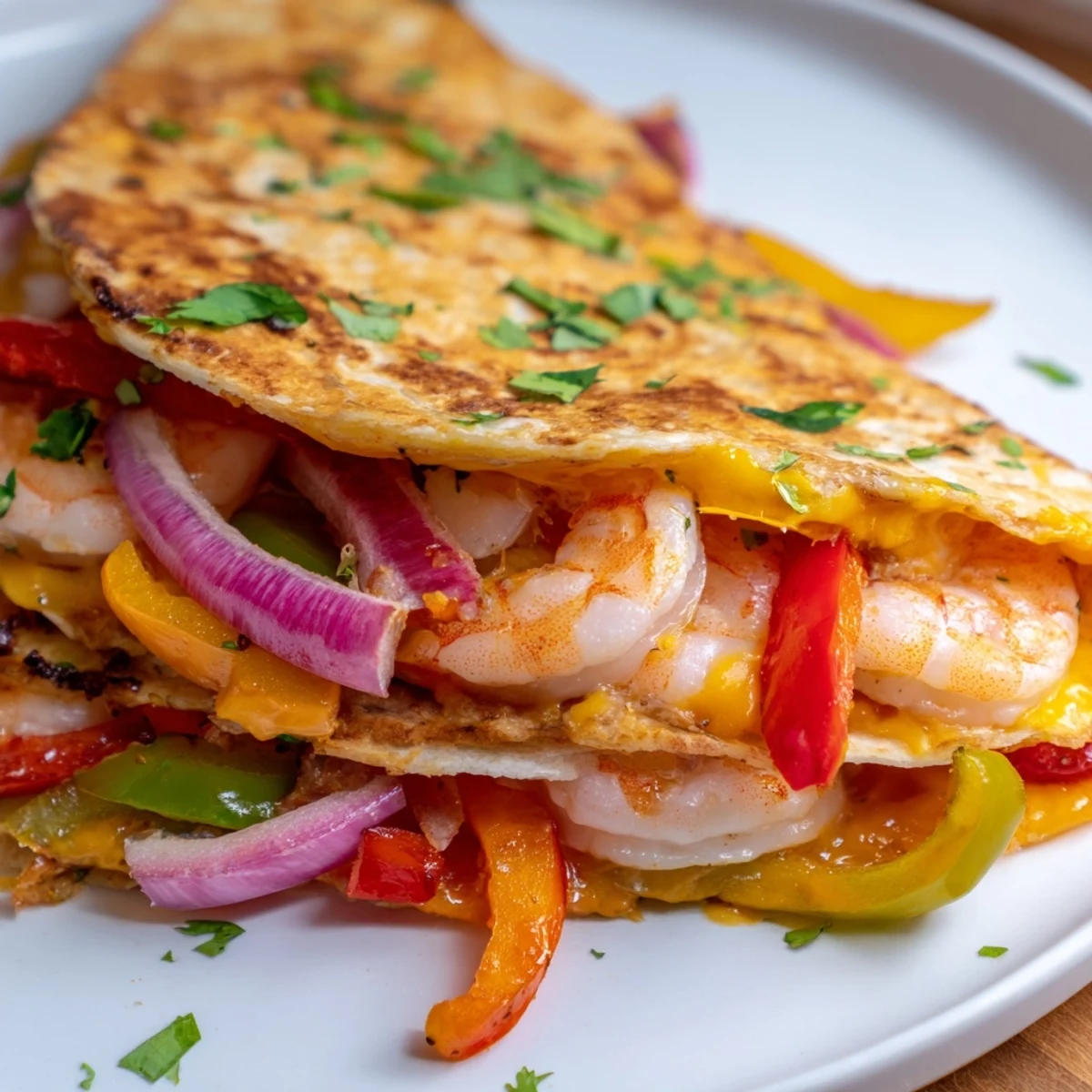Melty Shrimp Fajita Sheet Pan Quesadillas served with sour cream and salsa.