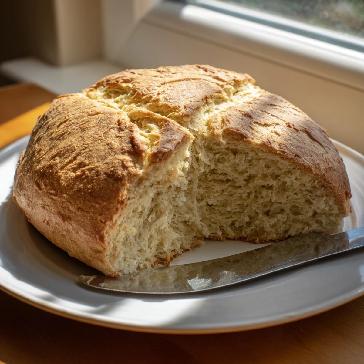Freshly baked Authentic 4-Ingredient Irish Soda Bread with a golden crust and soft interior, cooling on a rustic wooden board.  
