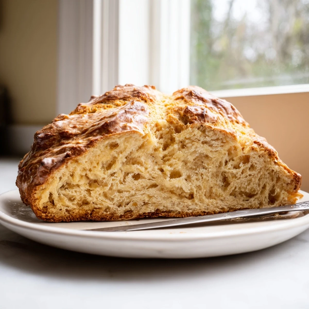 Slice of Authentic 4-Ingredient Irish Soda Bread showing tender crumb, served with melted butter and honey on a cozy plate.  