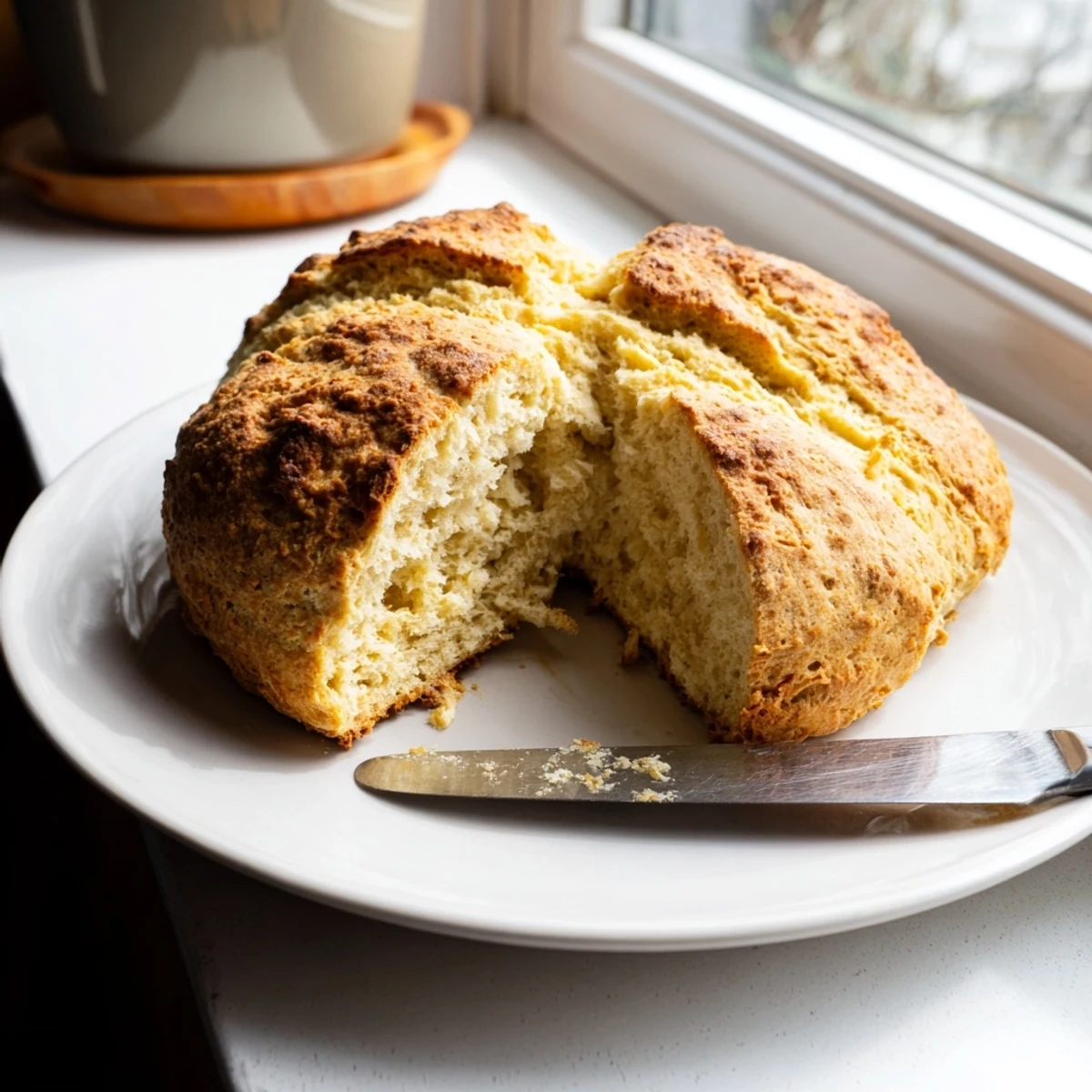 Homemade Authentic 4-Ingredient Irish Soda Bread loaf with deep X top, resting on a parchment-lined baking sheet in kitchen.