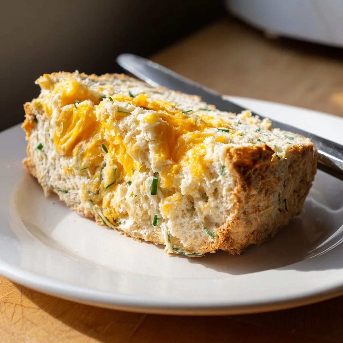 Close-up of a rustic Savory Cheddar & Chive Irish Soda Bread showing a tender, cheesy crumb perfect for serving with butter.