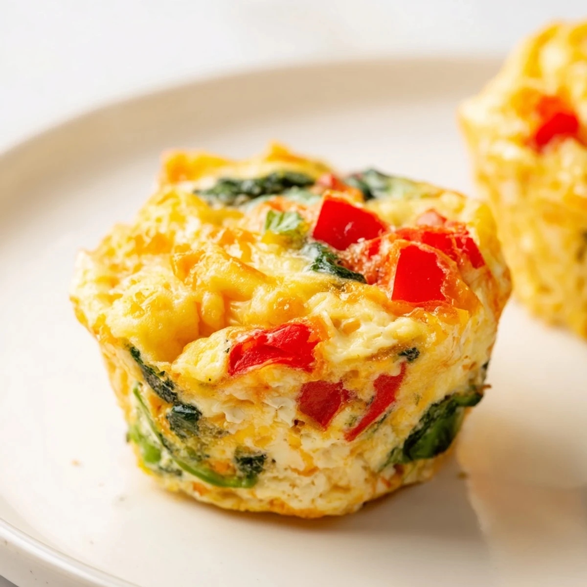 Golden-brown Cottage Cheese Egg Bites fresh from the oven, showcasing fluffy texture and visible specks of spinach and bell pepper in a muffin tin.