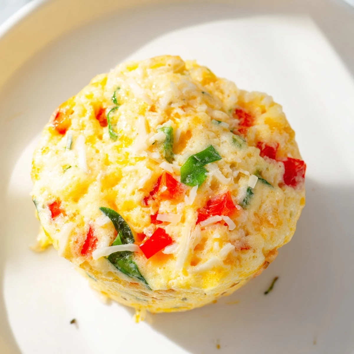 Close-up shot of moist Cottage Cheese Egg Bites revealing creamy interior flecked with vegetables and melted cheddar cheese, ideal for a protein-rich breakfast.