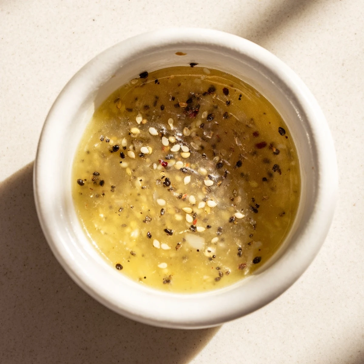 A close-up of the Best Asian Coleslaw Dressing in a glass jar, showing its glossy texture and flecks of fresh ginger and sesame.
