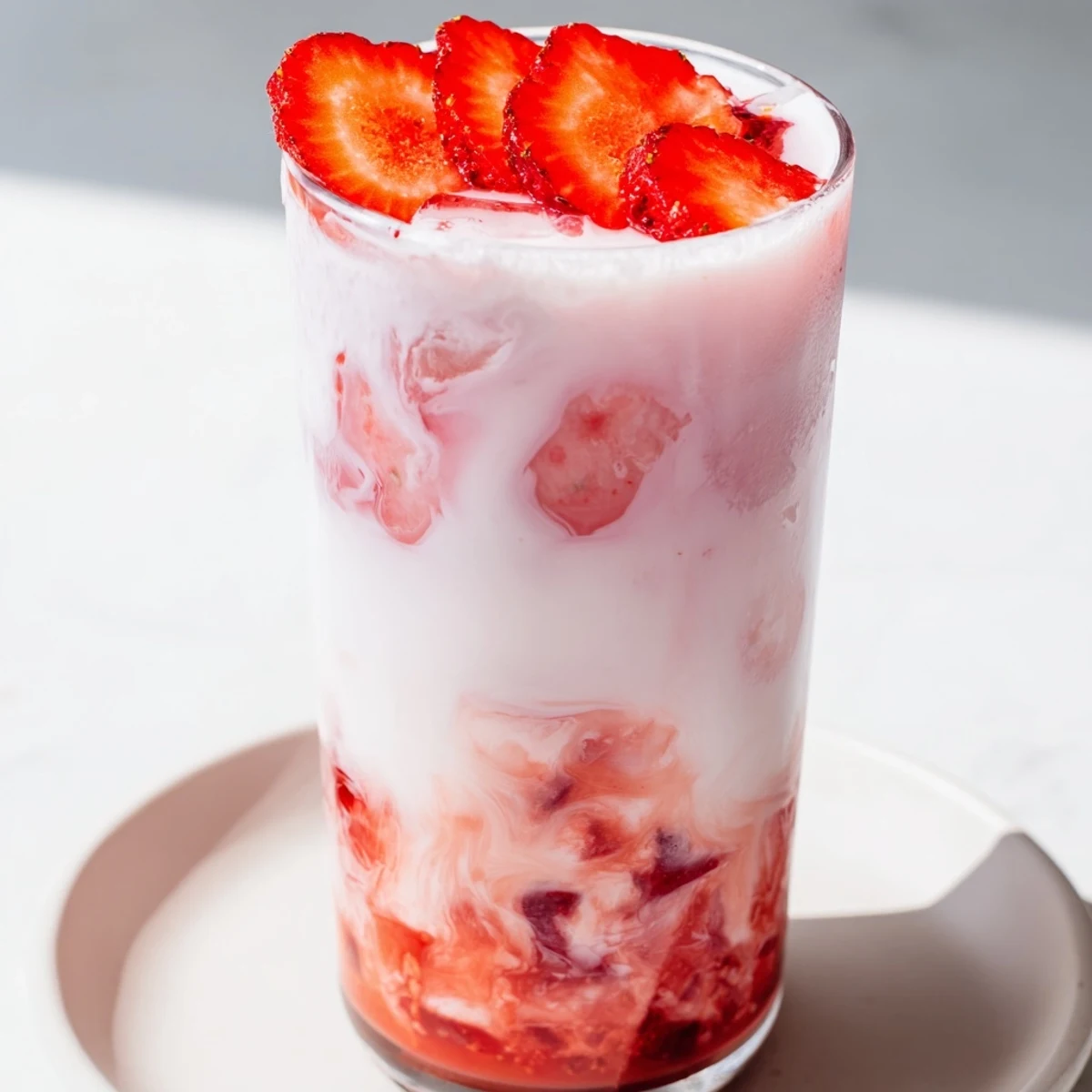 A refreshing Cafe Style Korean Strawberry Milk served over ice, garnished with ripe strawberry slices.