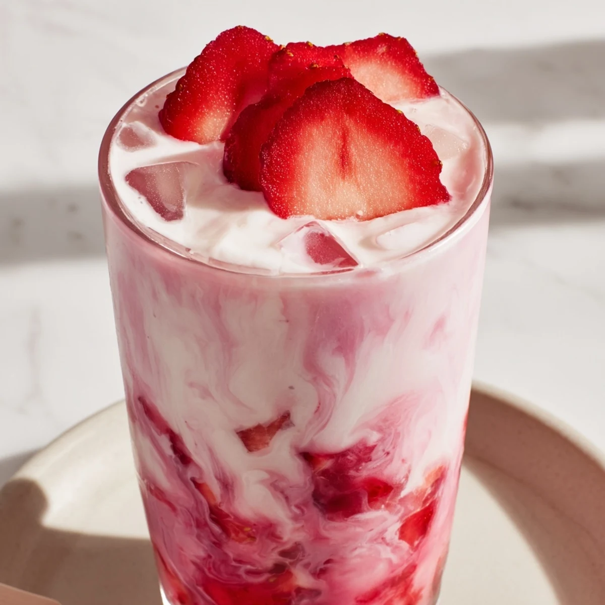 Cafe Style Korean Strawberry Milk in a tall glass with swirling pink sauce and fresh sliced berries.