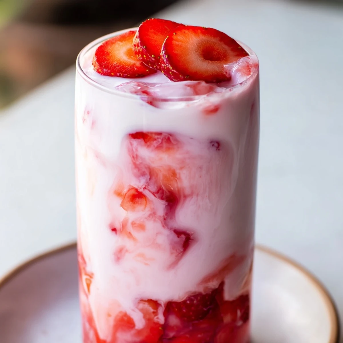 Close-up of Cafe Style Korean Strawberry Milk with smooth milk layers and vibrant red strawberry sauce.