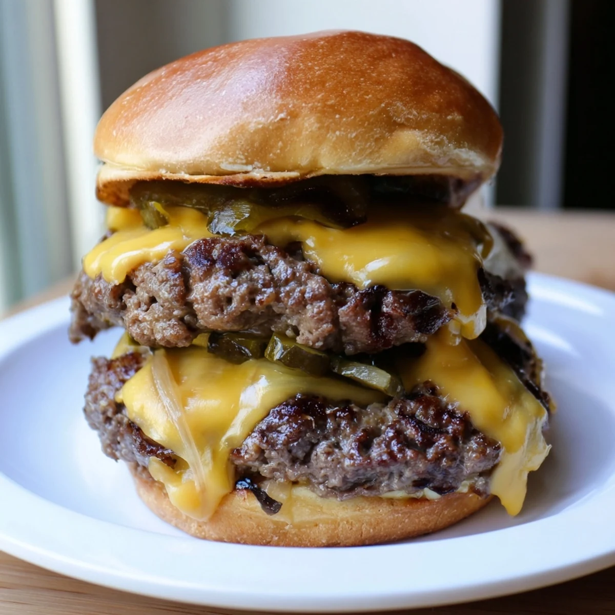 Close-up of Flying Dutchman Burger stacked high with melted American cheese and juicy beef patties on a rustic board.