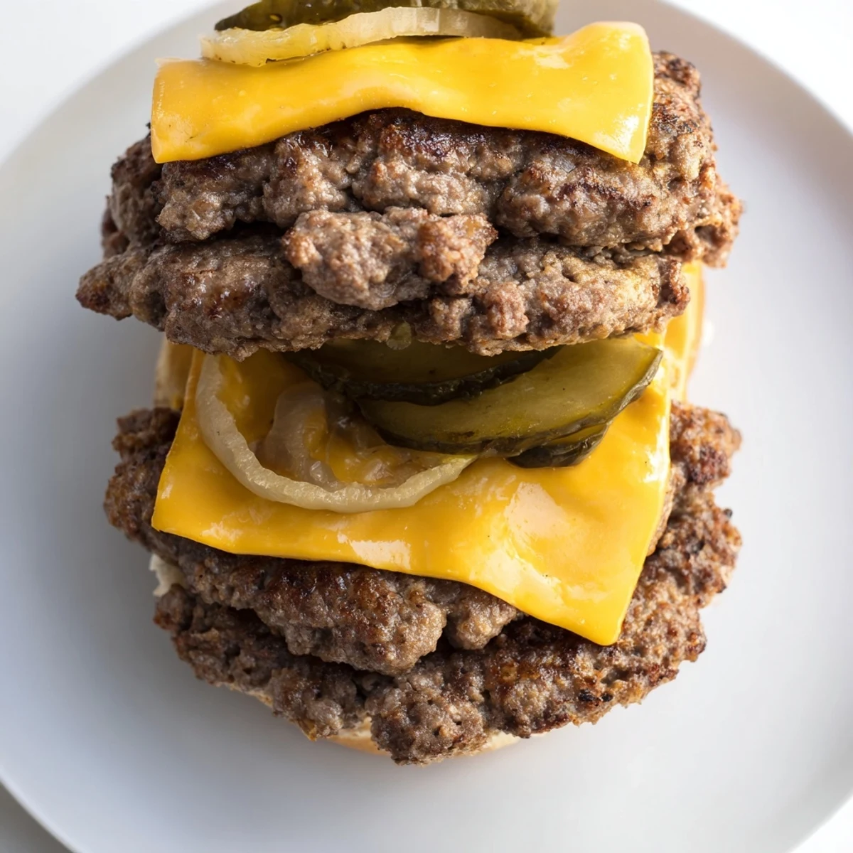 Sizzling Flying Dutchman Burger cooked to perfection, featuring melted cheese layers and fresh pickles beside a burger wrapper.