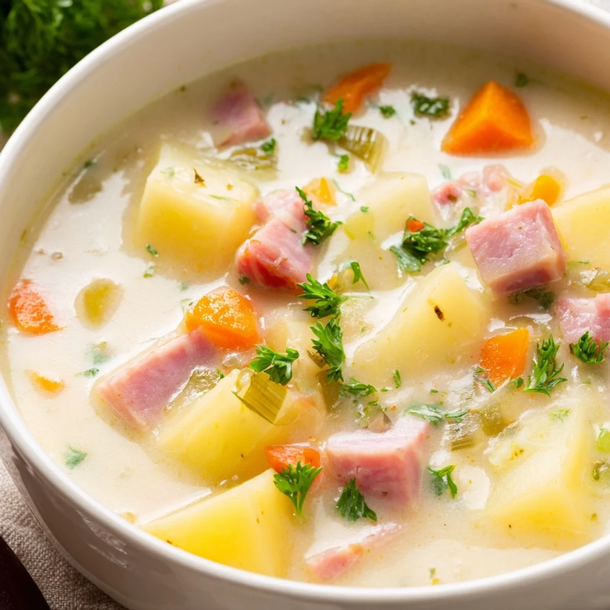 Creamy Light Ham & Potato Chowder steaming in a white bowl, garnished with fresh parsley and cracked black pepper.