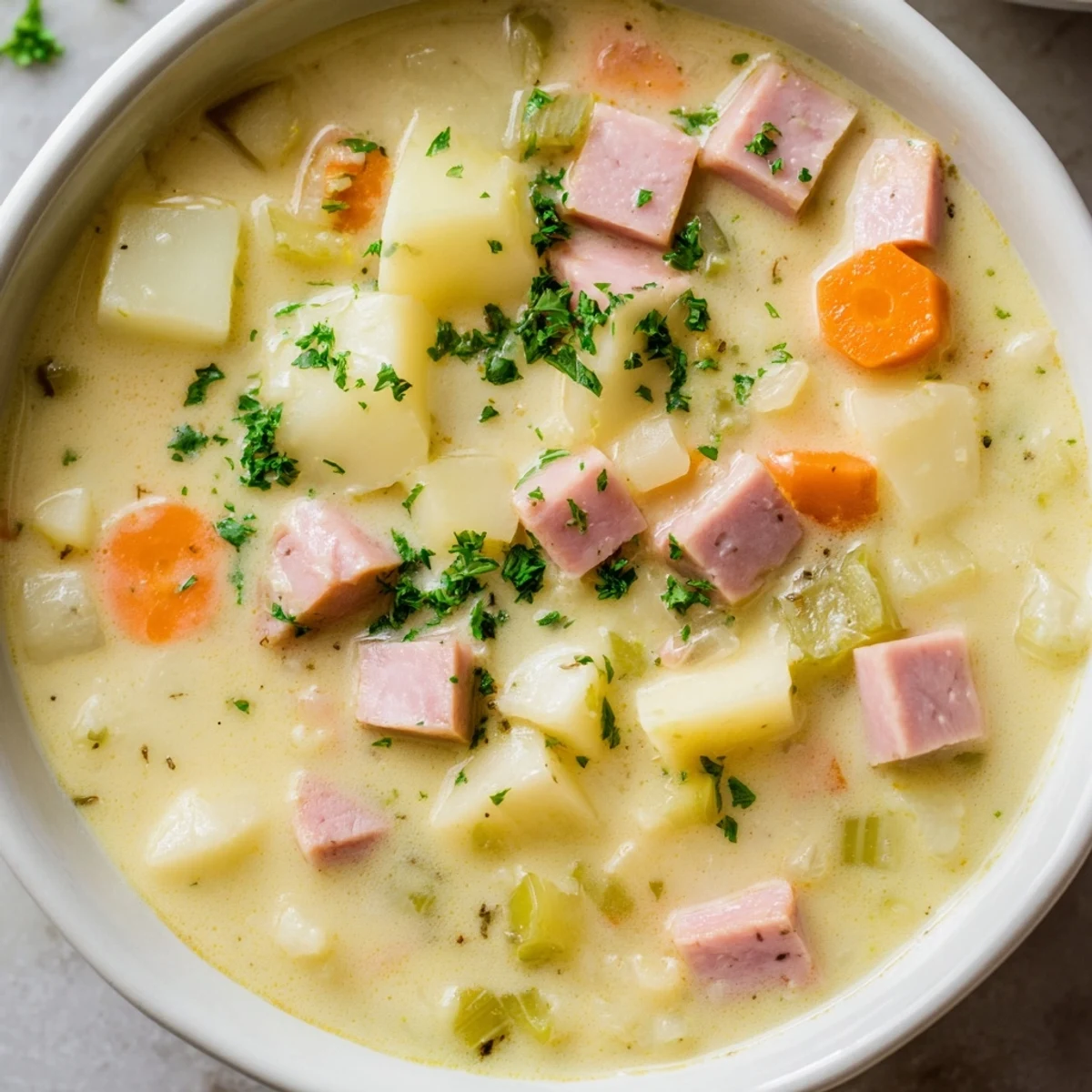 Light Ham & Potato Chowder in a clear glass bowl, revealing tender ham chunks and diced carrots in velvety broth.