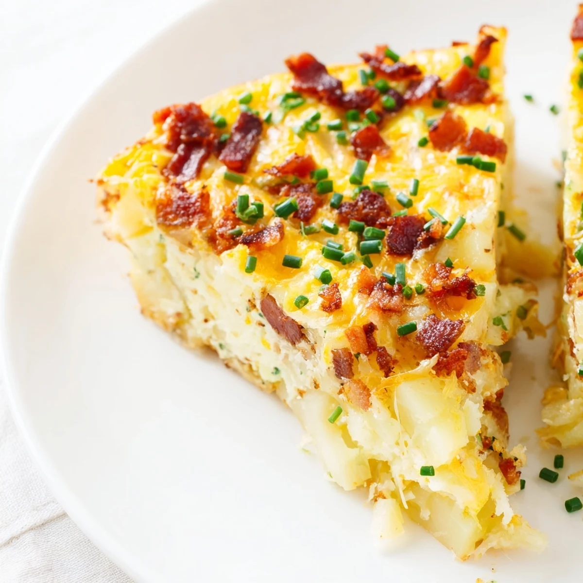 Golden brown Bacon Potato Frittata slice on a white plate topped with fresh chives and a side salad.