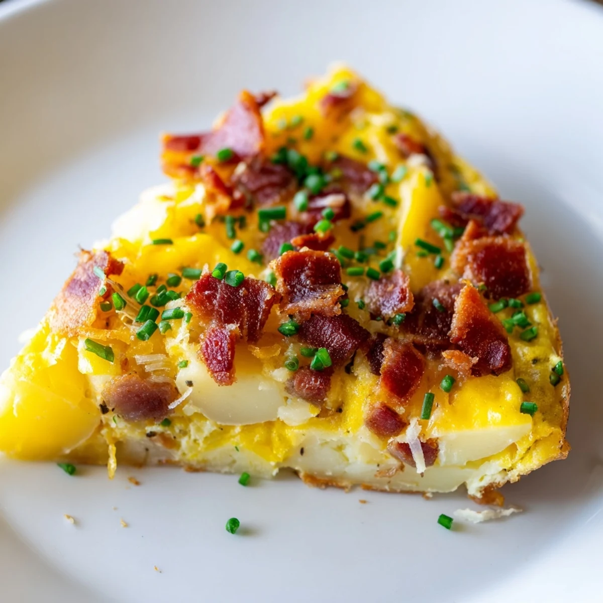 Overhead view of a cast iron Bacon Potato Frittata with melted Gruyère cheese, bacon, and diced potatoes.