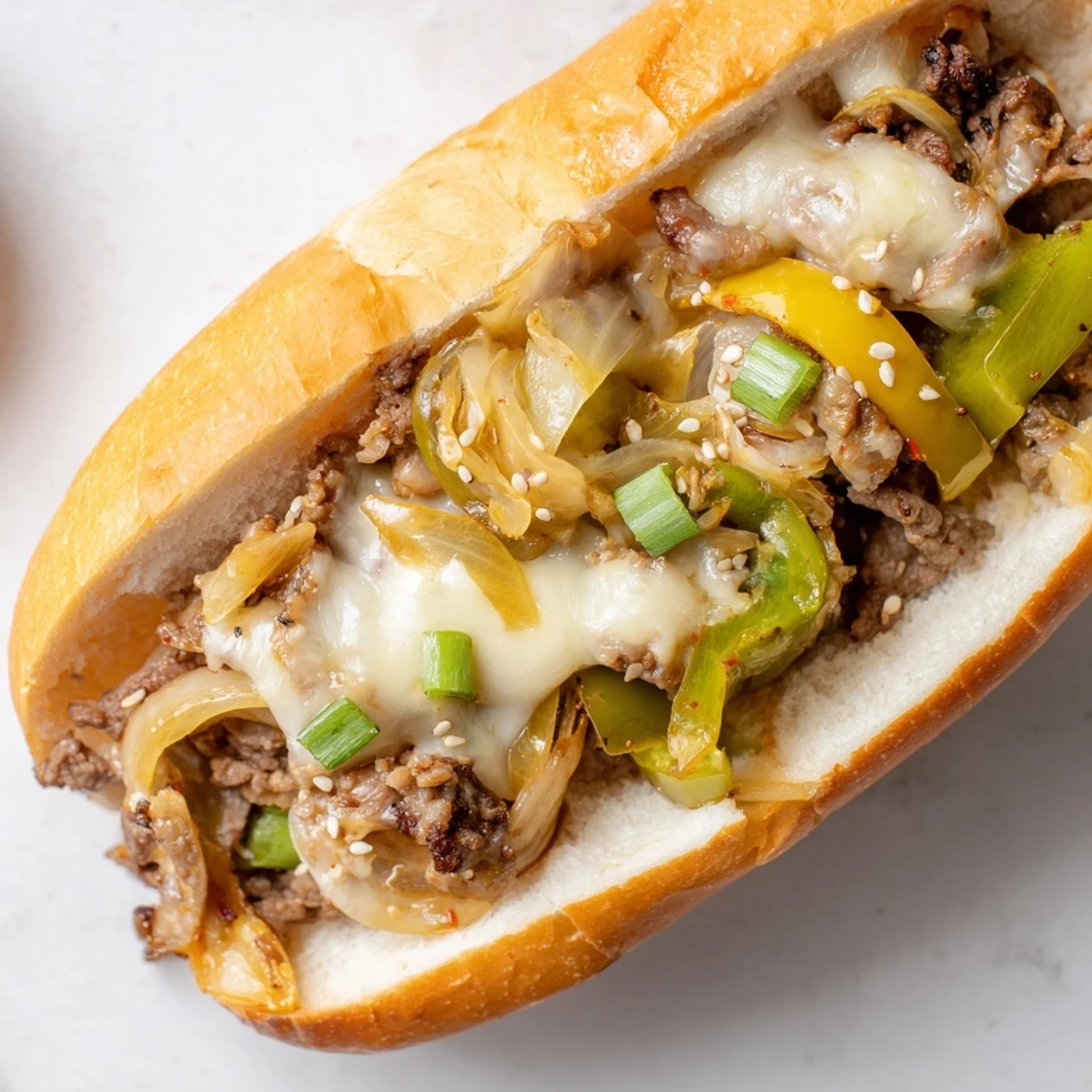 A close-up of an Irresistible Korean Kimchi Bulgogi Cheesesteak, featuring tender beef and melted provolone on a toasted hoagie roll.