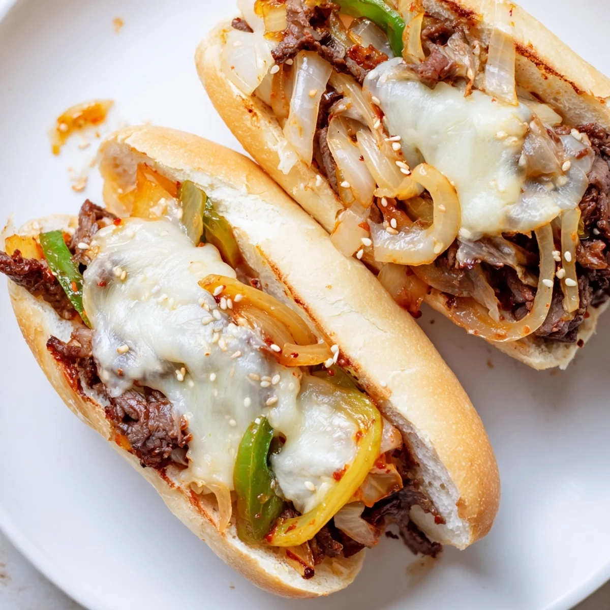 Golden toasted bread holds the Irresistible Korean Kimchi Bulgogi Cheesesteak, with vibrant kimchi and onions peeking out from under melted cheese.