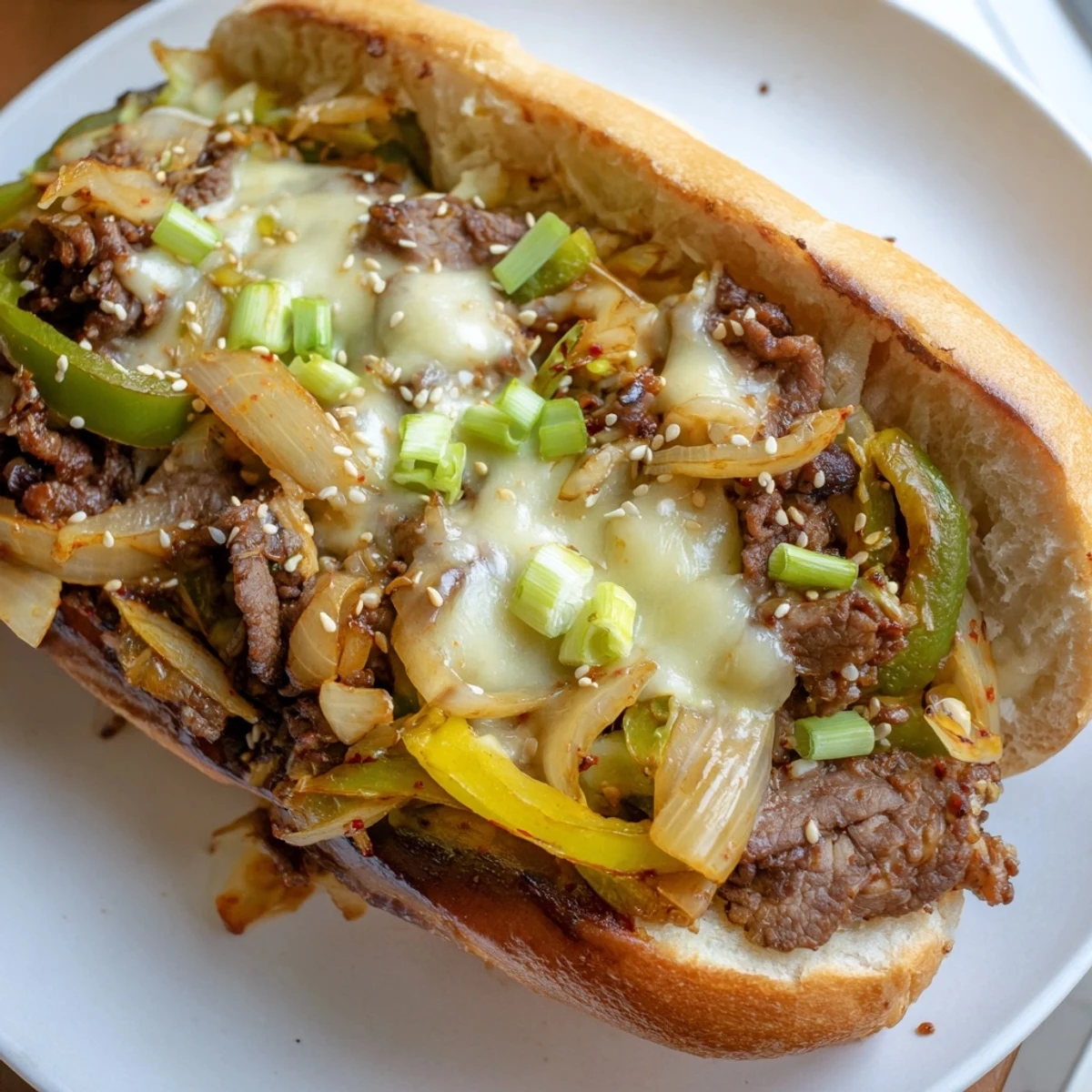 This messy, delicious Irresistible Korean Kimchi Bulgogi Cheesesteak sandwich is served hot on a plate, ready to be devoured for dinner.