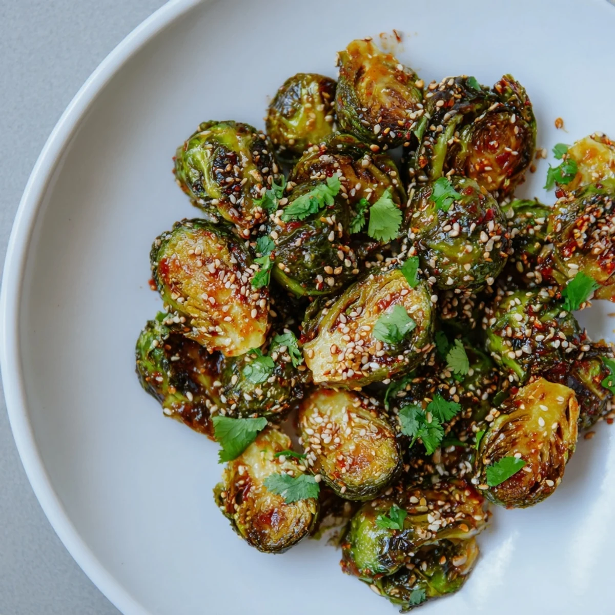 A close-up of crispy Honey Sriracha Brussels Sprouts served as a side dish for an Asian-inspired dinner.