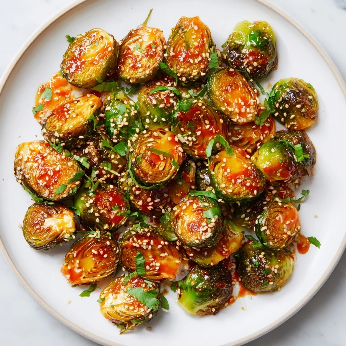 Appetizer platter of Honey Sriracha Brussels Sprouts with a sweet and spicy glaze, ready to be served hot.