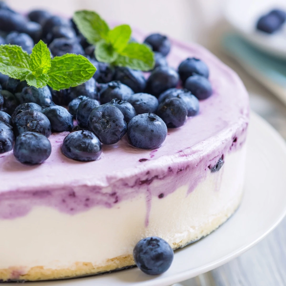 Blueberry Mousse Cheesecake on a white plate with mint garnish for a vibrant summer dessert.