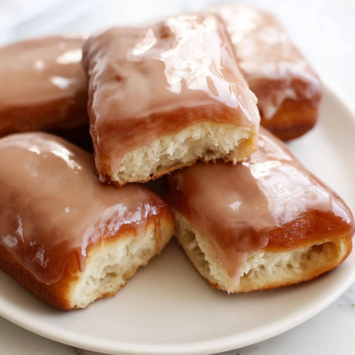 Stack of pillowy Maple Donut Bars showcasing a thick vanilla-maple glaze, placed near a steaming mug of coffee on a rustic wooden table.
