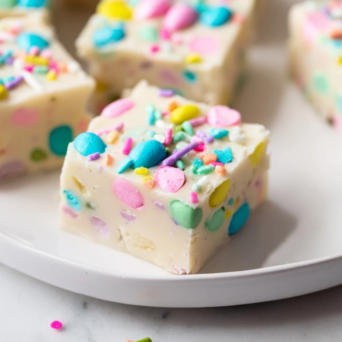 Creamy white chocolate Easter Fudge with pastel candy eggs and sprinkles on a plate.
