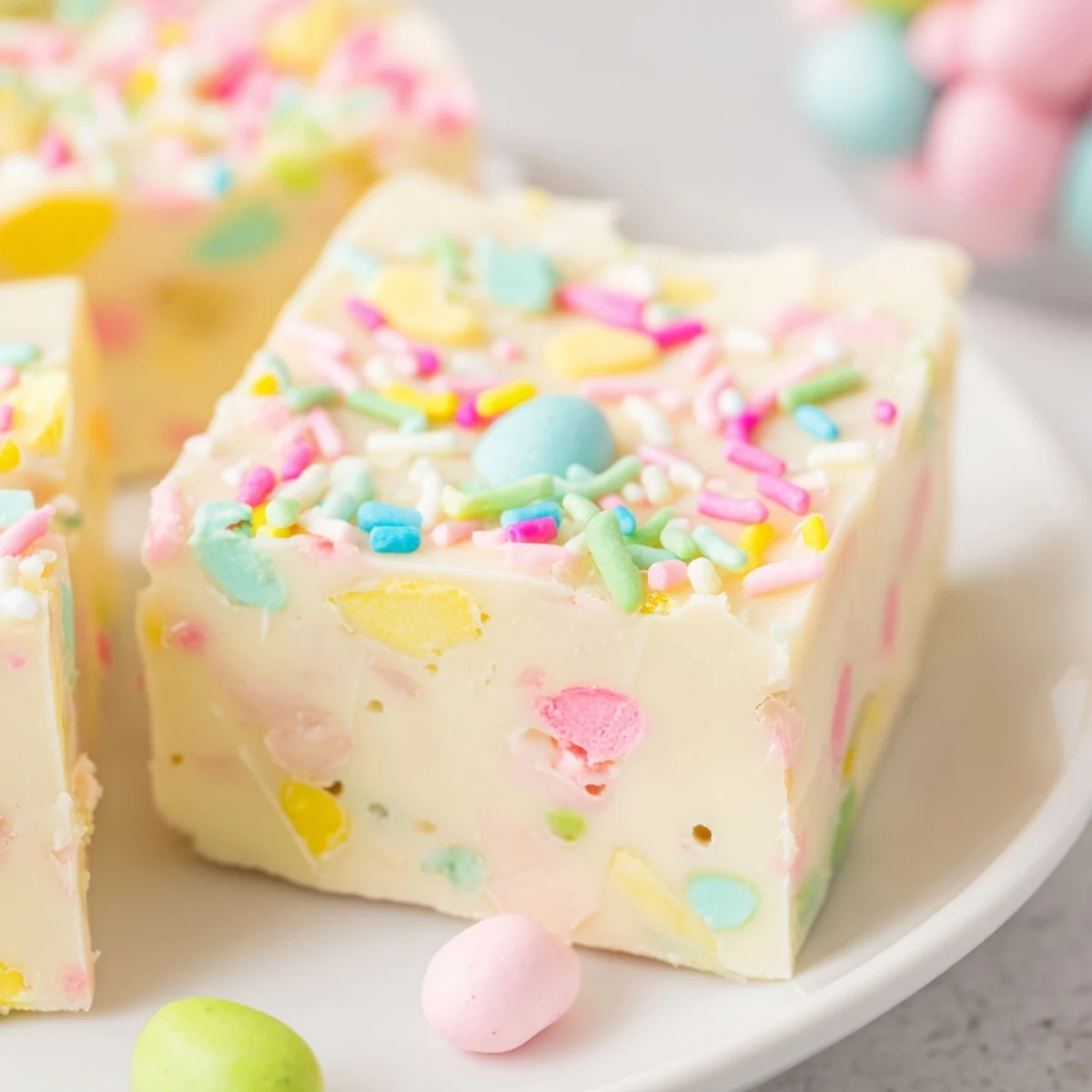 A slice of creamy Easter Fudge studded with pastel chocolate eggs for spring celebrations.