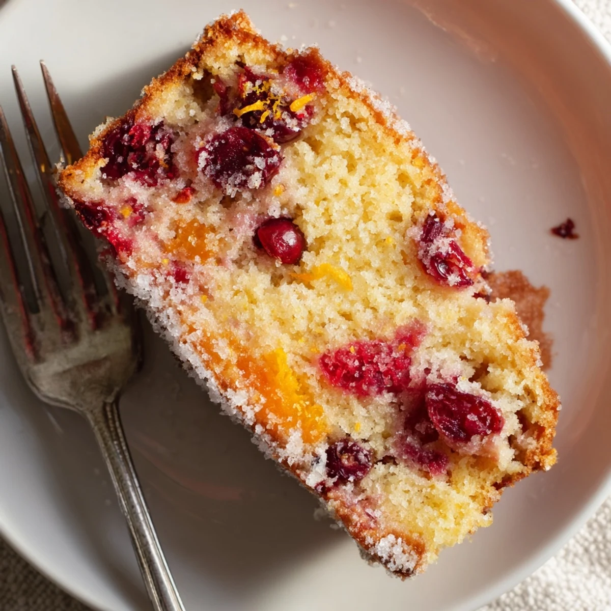 Golden-brown Cranberry Cake cooling on a rack, dotted with juicy cranberries and a sugary orange zest topping.
