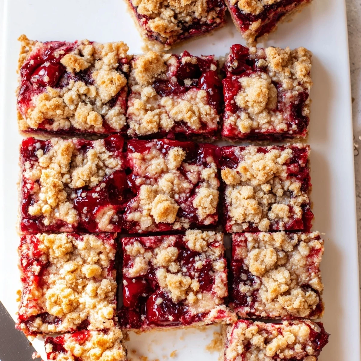 Freshly baked Cherry Crumble Bars showing jammy red filling and crumbly topping on a white plate.
