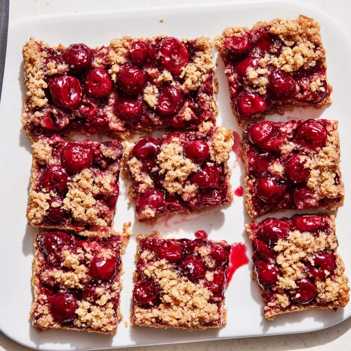 Golden baked Cherry Crumble Bars with a lattice topping, cut into neat squares on a wooden board.