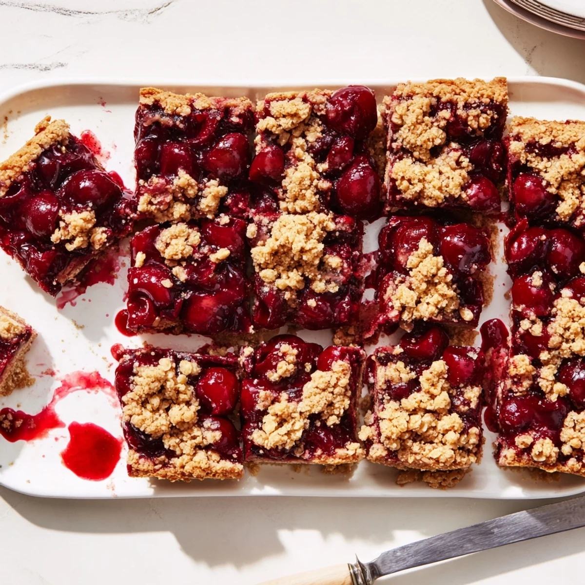 Easy homemade Cherry Crumble Bars dusted with sugar, served on a rustic table with fresh cherries nearby.