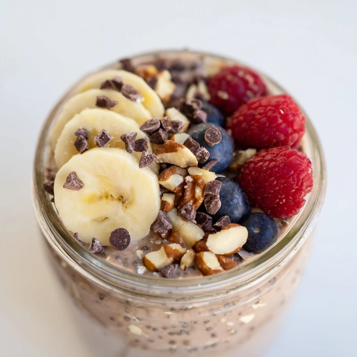 Ultimate Healthy Chocolate Overnight Oats layered with chia seeds, cocoa, and fresh berries.