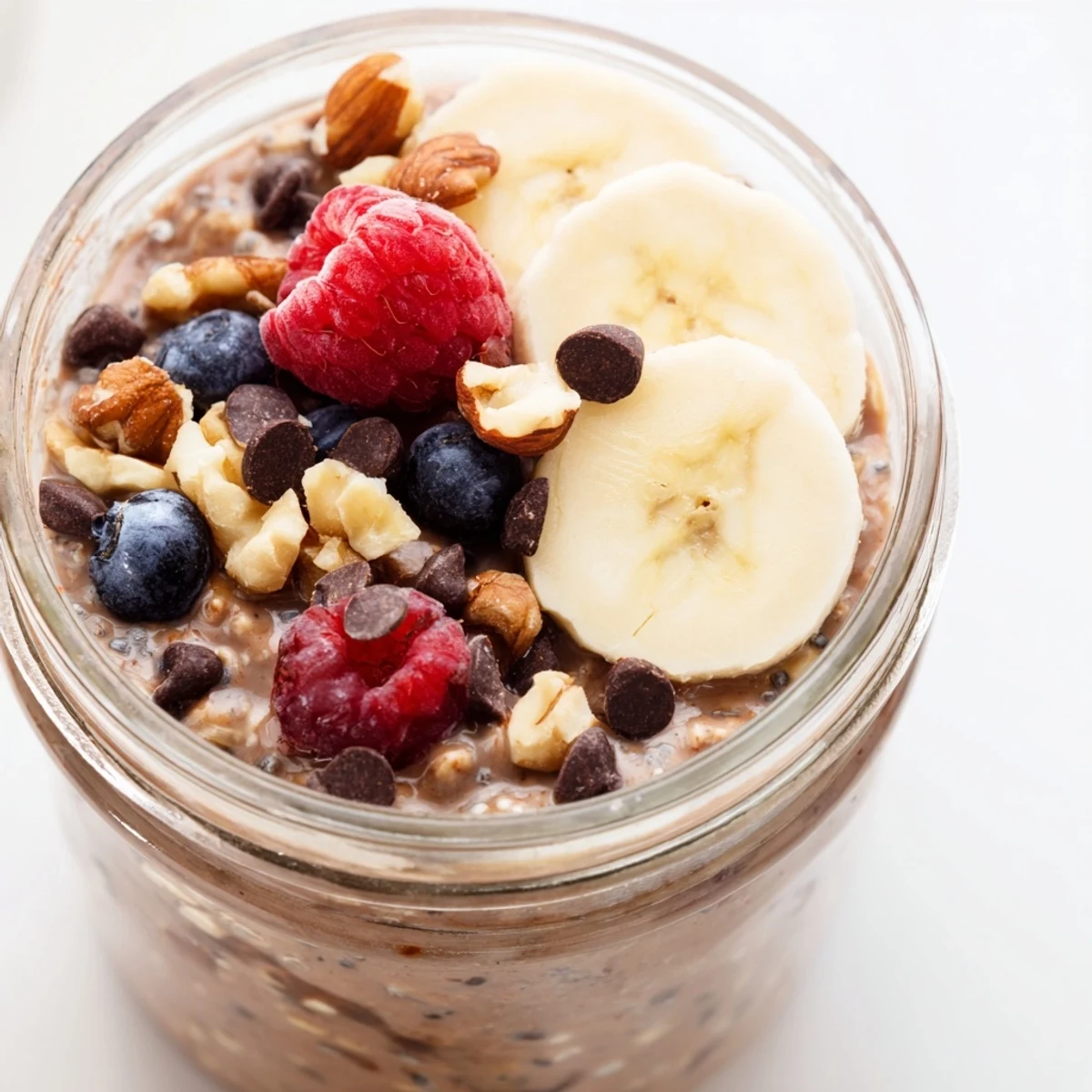 Creamy chocolate overnight oats topped with banana slices and chopped nuts in a clear jar.