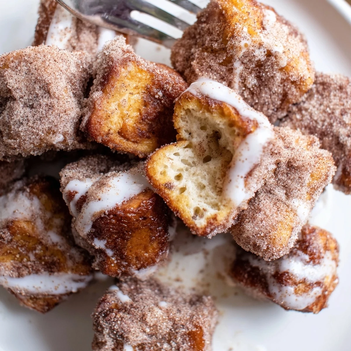Golden-brown Cinnamon Roll French Toast Bites glistening with sweet glaze on a white plate.
