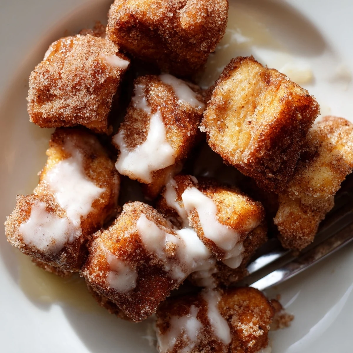 Bite-sized pieces of Cinnamon Roll French Toast Bites served with maple syrup drizzle.