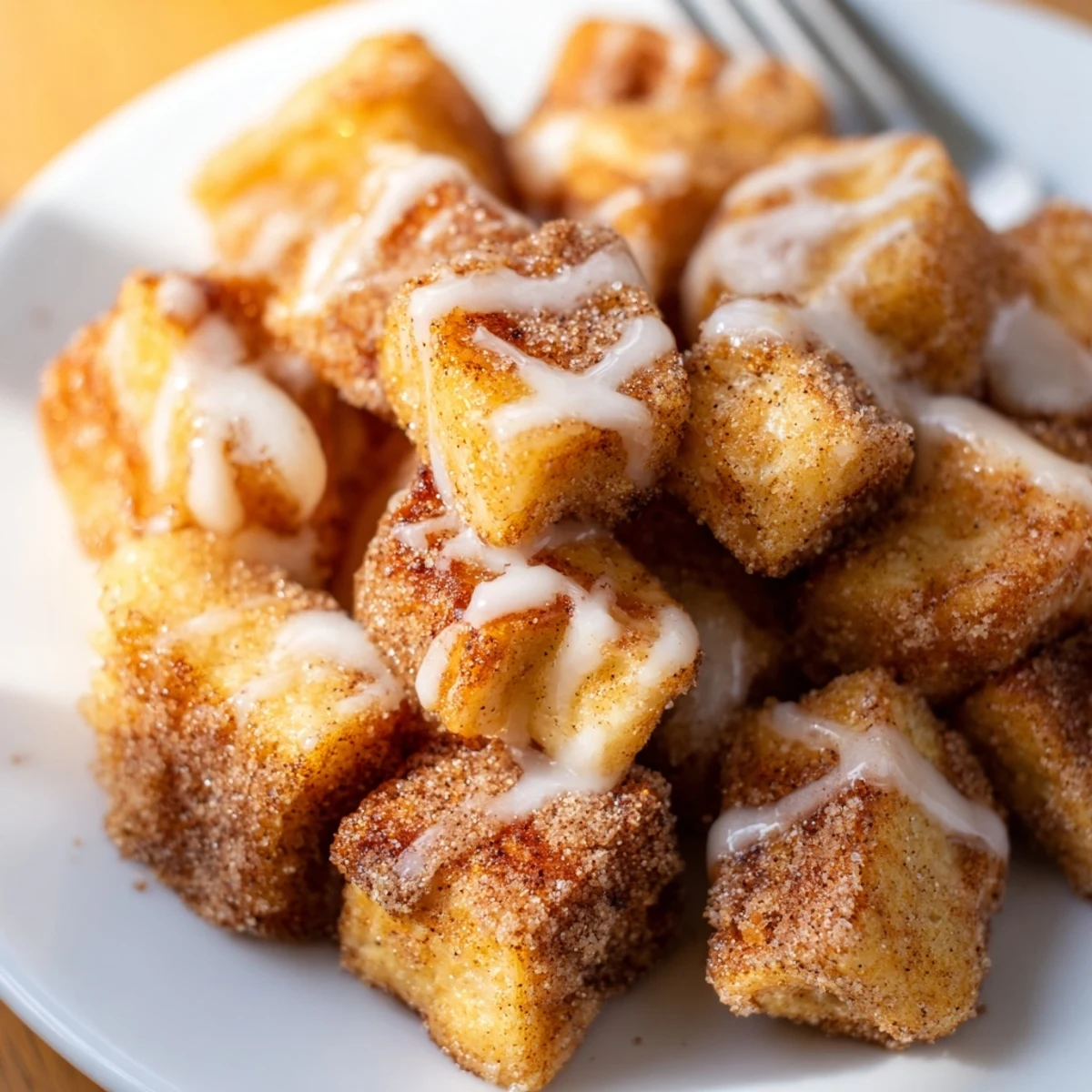 A close-up view of warm Cinnamon Roll French Toast Bites dusted with cinnamon sugar.