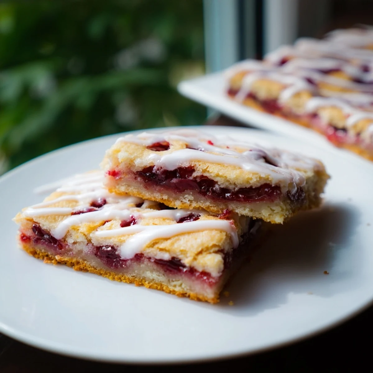 Golden-brown Easy Cherry Pie Bars with a shiny vanilla glaze, ready to slice and serve on a wooden board.