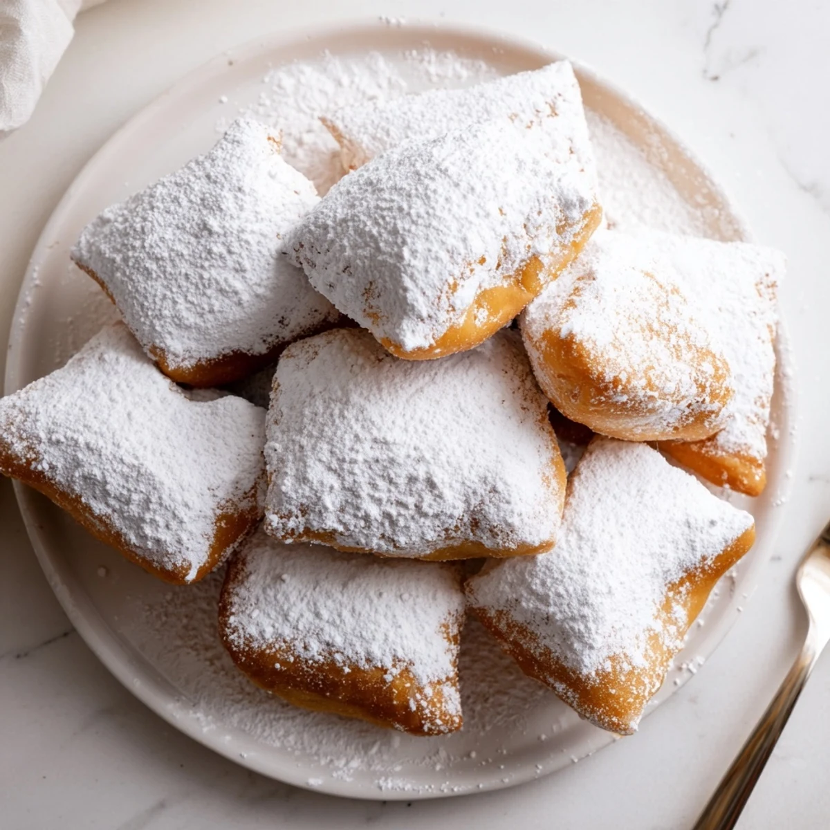 These warm Vanilla French Beignets are light and airy, served on a rustic plate with a side of jam.